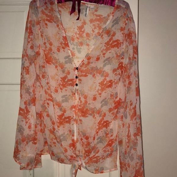 Hang Ten large orange & white semi sheer floral 3 button bell sleeve - Picture 3 of 13